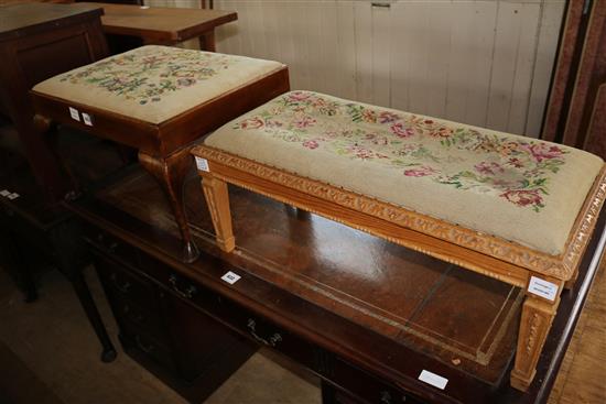 Rectangular floral tapestry upholstered footstool and a tapestry topped dressing stool(-)